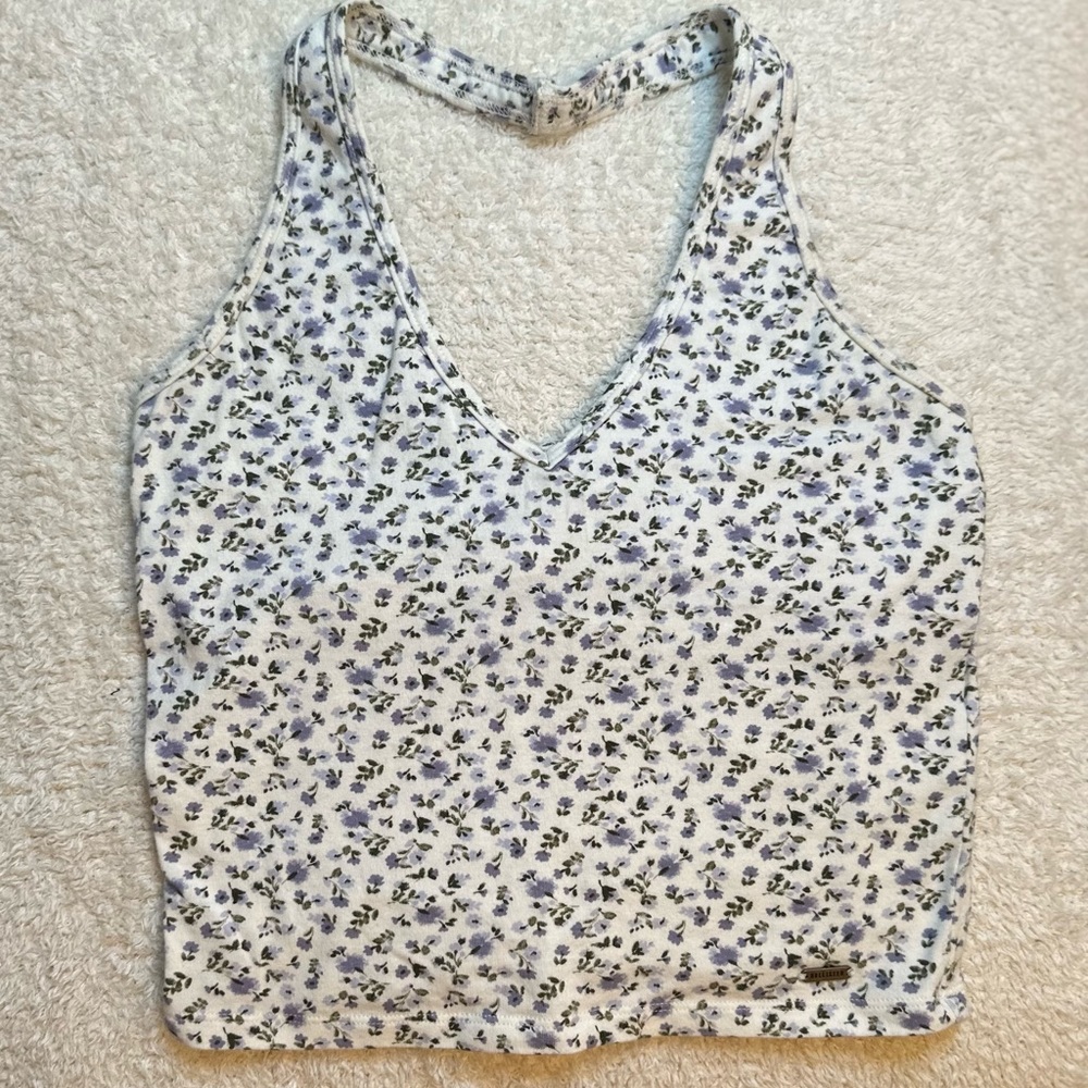 Hollister White Floral Halter Cropped Tank Top